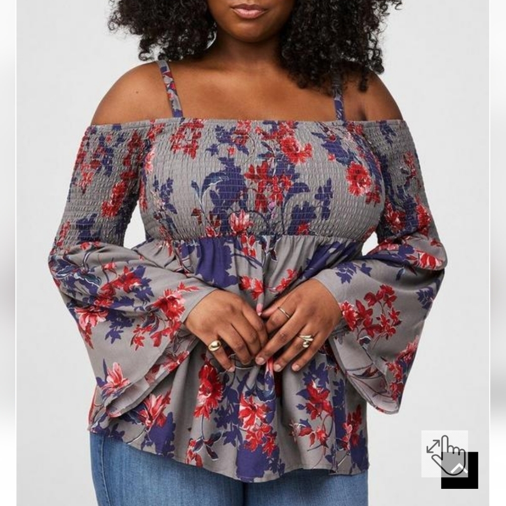 🆕️🍂 2X GREY FLORAL CHALLIS COLD SHOULDER SMOCKED BABYDOLL BLOUSE🍂